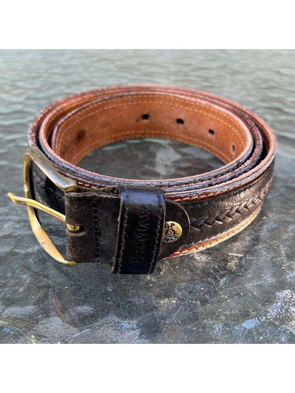 GP&MAX Italian Leather Braided Embossed Belt Black Brown Size 115/46